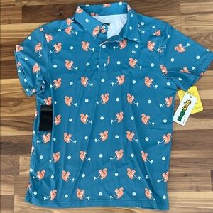 Tipsy Elves Blue Polo with Orange Squirrel Pattern
